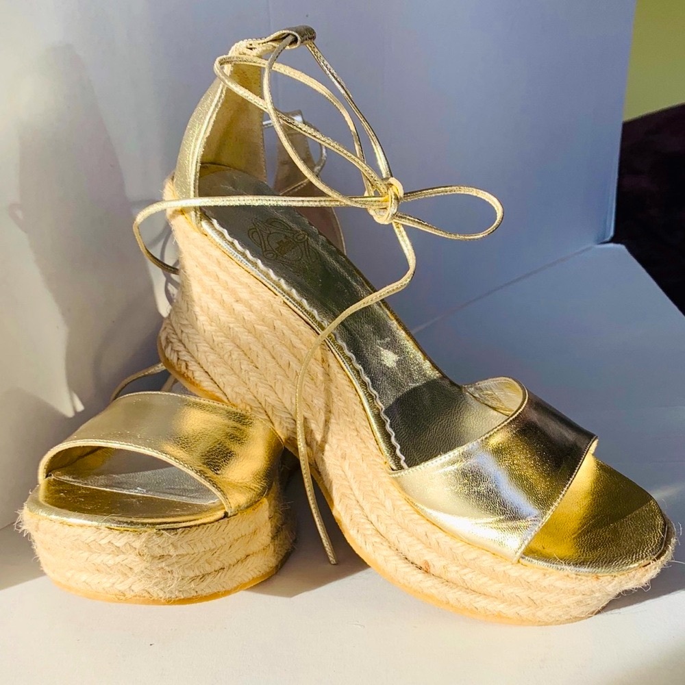 Elle Gold Tone leather Sandals Ankle Tie Up Platform Wedges Espadrille Eu40 US10